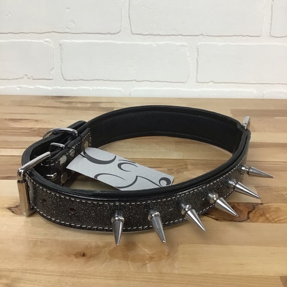 Mad Cow genuine leather Punk Rock dog collar handmade black dark silver studs - Picture 4 of 14